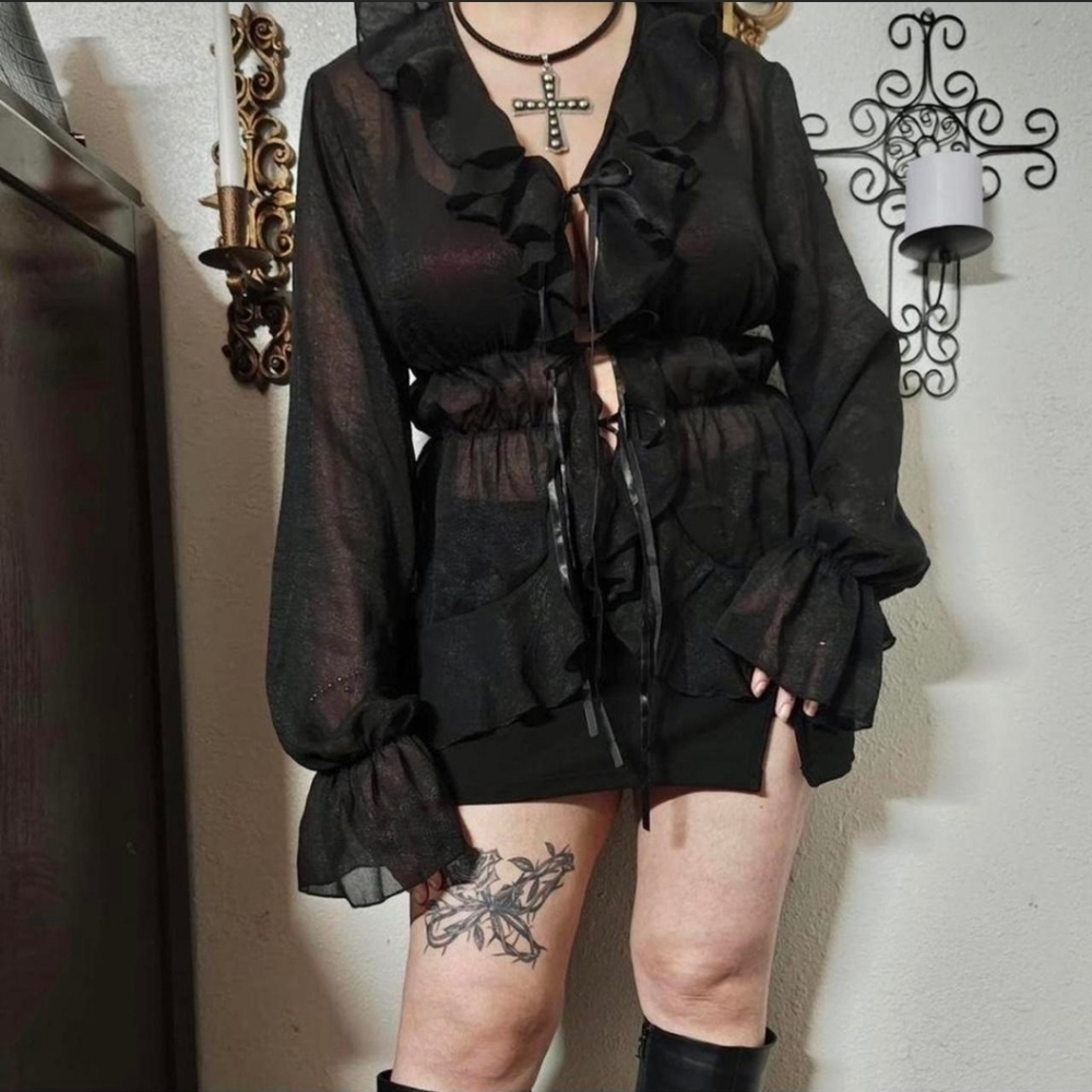 Romantic Black Ruffled Women's Top
